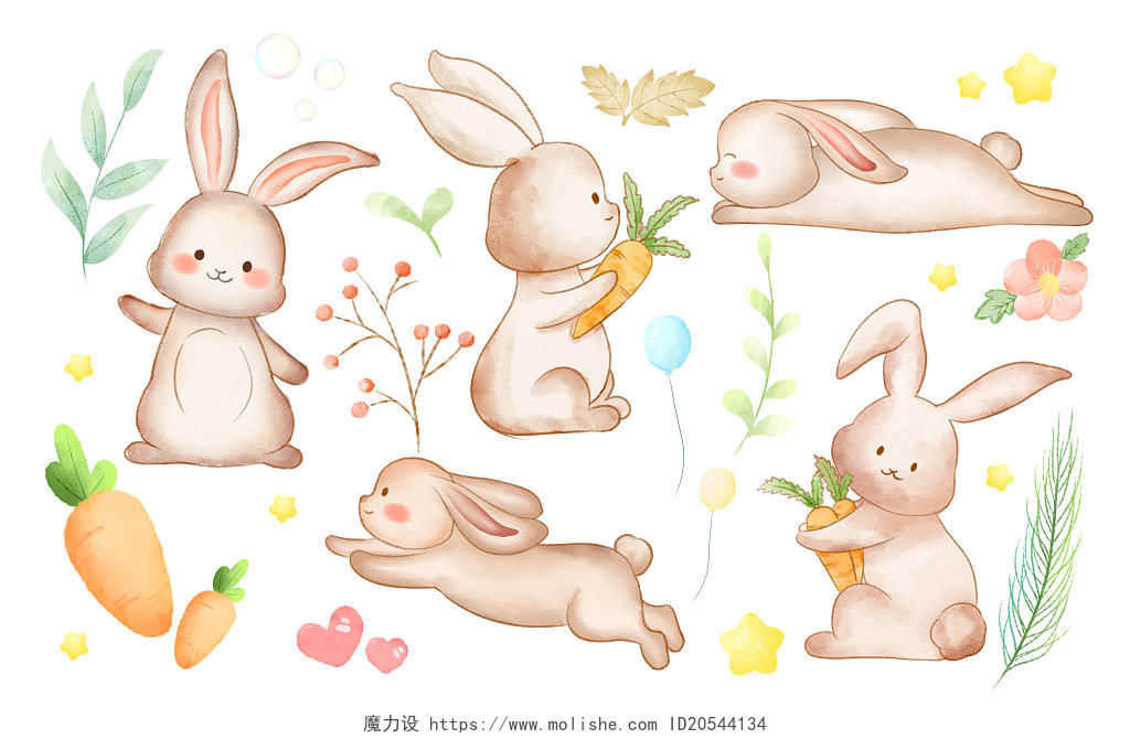 水彩兔子插画可爱小动物背景小元素清新叶子植物花朵胡萝卜水彩卡通